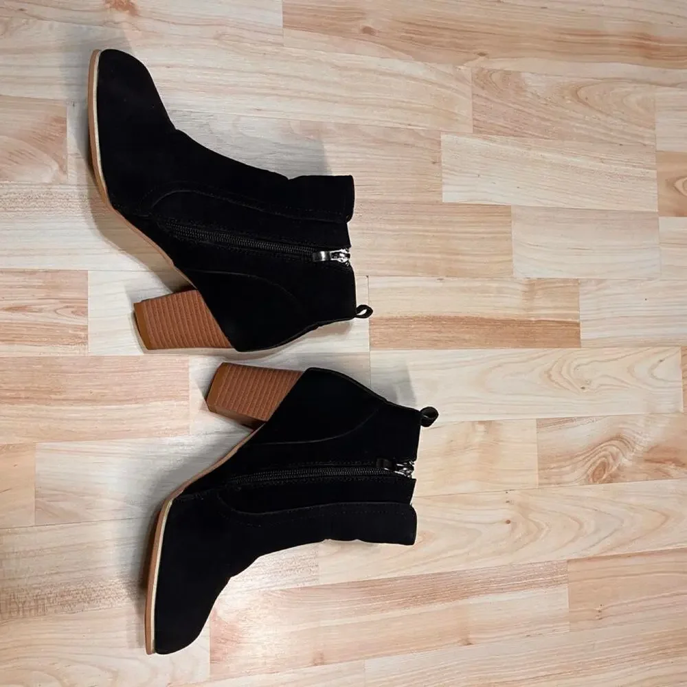 Western Black Suede Ankle Boots Pointed Toe Block Heel Booties Size